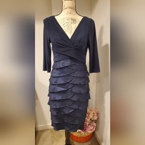 ADRIANNA PAPELL WOMEN'S Navy Blue,  V Neck, 3/4 Sleeve,  Ruffled Dress Size 6.